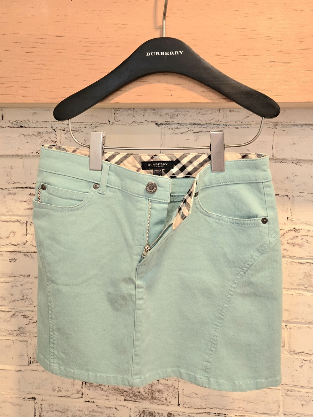 Burberry Teal Women's Mini Skirt with Check Trim